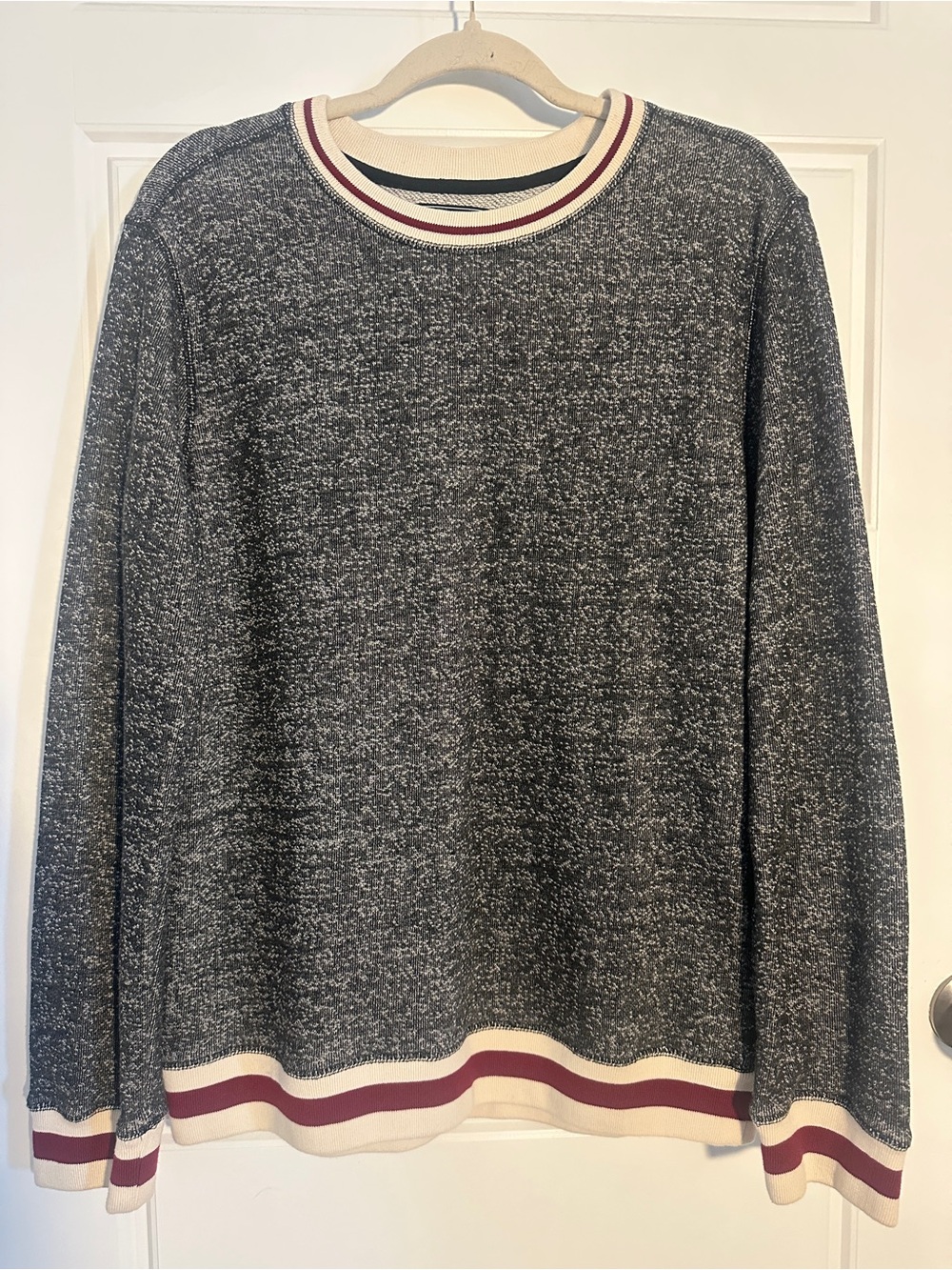21men Gray Marled Crewneck Sweater with Cream & Burgundy Trim